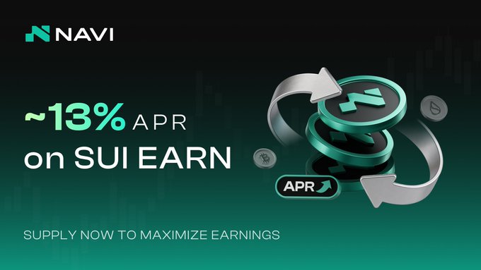 The image features a promotional banner for a currency trading app named "SUI earning up to 13% APR". The background of the image is dark, giving prominence to the text and the logo displayed below it. Below the text, there are two coins, one green and one black, symbolizing money exchange or trading in this context.

The banner also mentions that SUI allows for maximizing profits through a structured strategy with position management built directly into NAVI, which highlights the app's potential benefits and features. The text on the banner reads "supply now to maximize earnings".