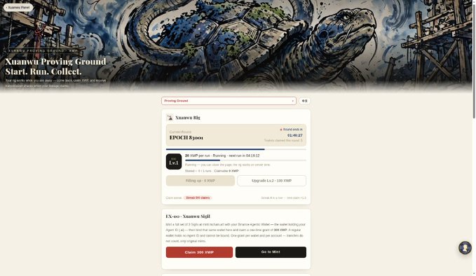 A screenshot of the Xuanwu Proving Ground dashboard shows a “Xuanwu Rig” mining setup with a visible SOL balance of 0.0222289 and a current epoch reward of roughly 2,769.96 VNP. The page appears to document the mining operation mentioned in the accompanying post.