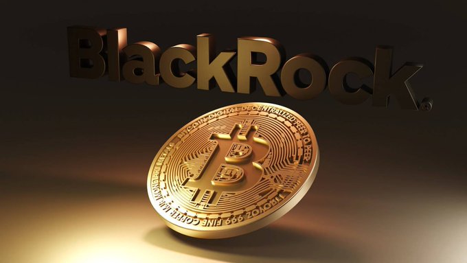 A gold Bitcoin coin displayed in front of the 'BlackRock' company logo.