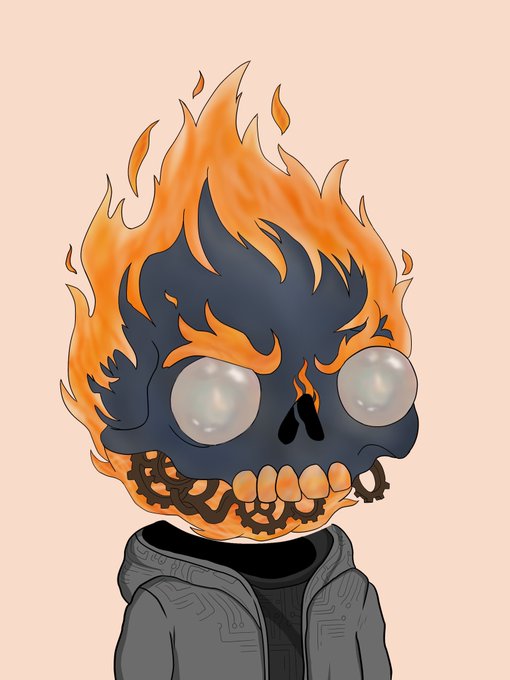 An illustration of a flaming skull character with glowing white eyes, a gear-adorned jaw, and orange flames wearing a dark gray hoodie.
