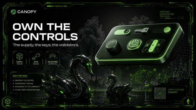 A promotional graphic for Canopy titled 'OWN THE CONTROLS' featuring a green-lit hardware device, with text mentioning supply chain, keys secured, and validators distributed, plus a QR code to explore.