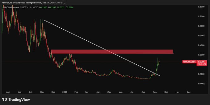 A TradingView chart shows PSY/CHIE Protocol (USDT) on the 1-day timeframe, displaying a descending trendline that has been broken, with price surging from around $0.10 toward a highlighted resistance zone near $0.30, currently at $0.2186. This aligns with the post's bullish outlook on $ANYONE, confirming the trend reversal referenced in the caption.