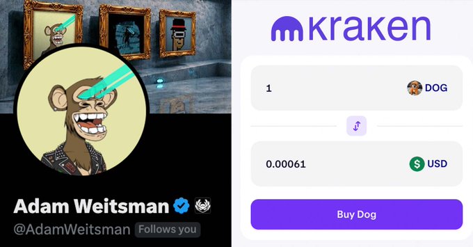 The image shows a social media post featuring an animated cartoon monkey with a green eye, wearing sunglasses and holding a camera. The post includes a link to a website called "kraken" that sells dogs for $DOG (Bitcoin). The post also mentions that Adam Weitsman follows the account @AdamWeitsman on Twitter.