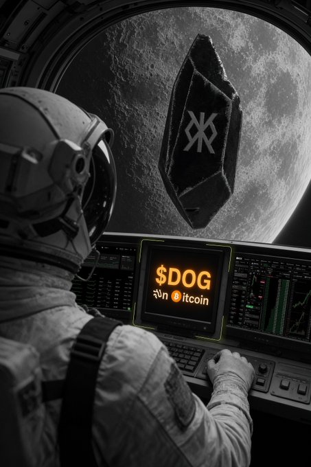 Black and white sci-fi scene of an astronaut at a spaceship control panel with a screen displaying '$DOG' alongside 'ltcoin' and a symbol; through the window, a coffin-shaped object marked with an XK logo floats in front of a moon.