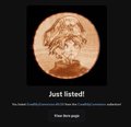 A cryptocurrency listing page shows a circular orange icon with the title 'Just listed!' indicating new coins have been added.