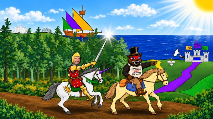 A medieval knight on a white horse charges with a glowing sword against a black-cloaked figure on horseback wearing a top hat and holding a sign reading "Let's Regulate the Crypto out of the United States of America," set against a backdrop featuring the DTCC, NYSE, and USDI banners. The image illustrates the accompanying post's theme of imminent regulatory and financial battles in crypto, symbolizing the clash between crypto innovation and regulators as major milestones like the DTCC moving $114T on-chain, Nasdaq/NYSE 23/6 trading, Evernorth's XRP treasury IPO, and Ripple Prime converge.