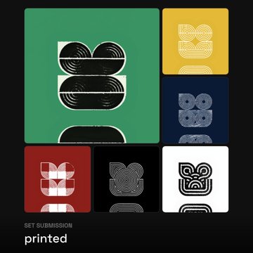 A dark-themed layout showcases six colorful square panels (green, yellow, dark gray, red, black, and white), each featuring a stylized geometric "B" monogram with a striped, optical-art aesthetic. The text "SET SUBMISSION printed" appears at the bottom, with the post attributing the "printed" design to artist @slander_eth as a Consensus submission.