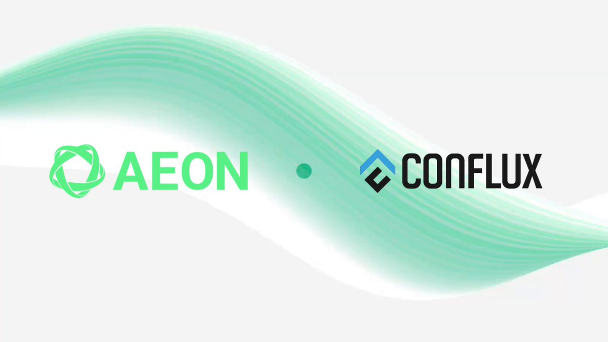 The image features a logo for two companies, AEON and Conflux. The logos are displayed against a white background with a green wave-like design. The text "USDT0 的應用場景正在不斷拓展，不再僅限於轉帳與交易" is written, which indicates that the companies are involved in trading and currency exchange. The text "透過與 买入經濟偷詞" suggests a partnership or collaboration between the two companies.