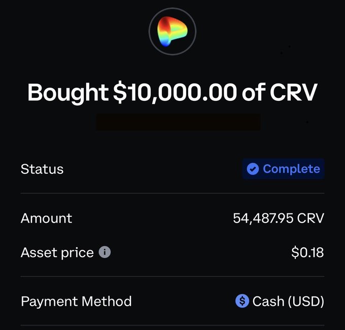 A digital transaction confirmation showing 'Bought $10,000.00 of CRV' with a status of 'Complete', an amount of 54,487.95 CRV, an asset price of $0.18, and a payment method of Cash (USD).