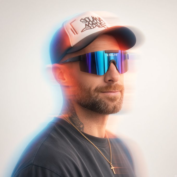 A bearded man wears a white cap with graffiti-style text and blue mirrored sunglasses branded 'SOLAR,' set against a white background with colorful neon light effects.