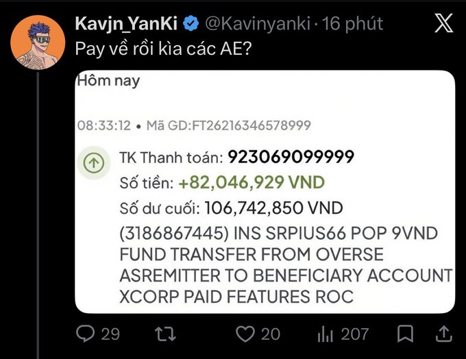 A tweet from Kavjn_YanKi (@Kavinyanki) saying 'Pay về rồi kia các AE?' along with a screenshot of a bank transaction showing +82,046,929 VND transferred from account 9230690999 with the description 'INS SRPIUS66 POP 9VND FUND TRANSFER FROM OVERSE.'