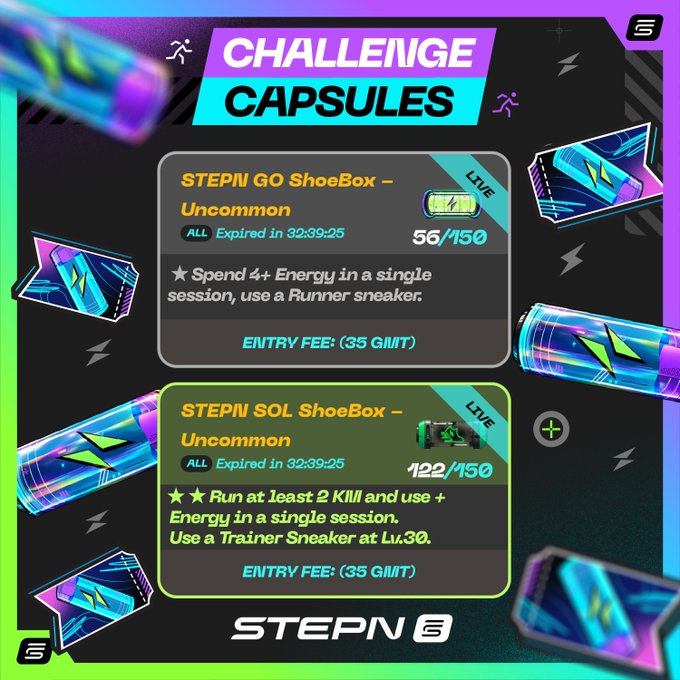 A STEPN app "CHALLENGE CAPSULES" screen showing two live challenges: "STEPN GO ShoeBox – Uncommon" at 56/150 and "STEPN SOL ShoeBox – Uncommon" at 122/150, both with 35 GMT entry fees.