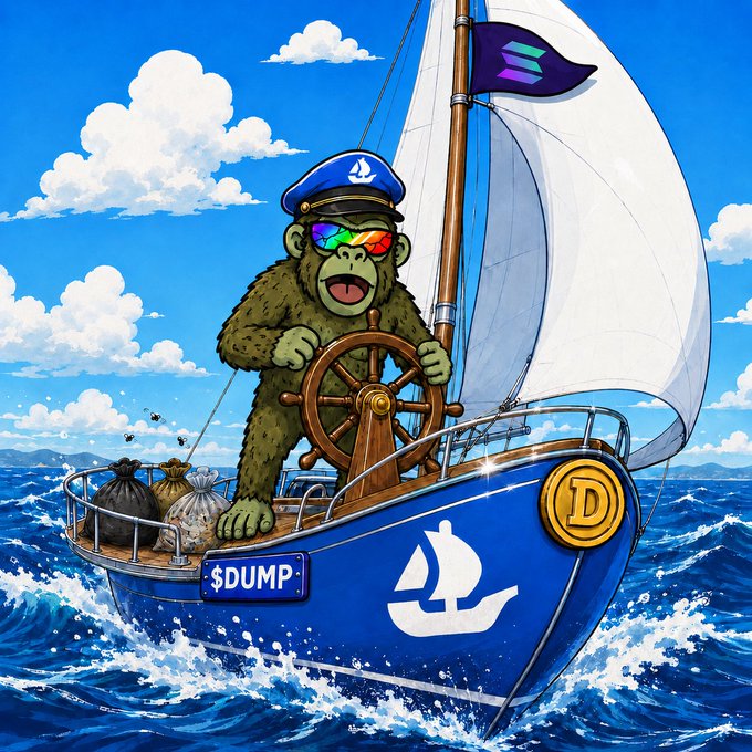 An illustrated green monkey wearing rainbow sunglasses and a sailor hat steers a blue sailboat on the ocean, with bags of treasure on the deck and a '$DUMP' license plate on the bow.