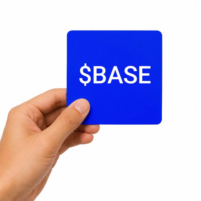 The image shows a hand holding up a blue square sign with white text that says "base". The background of the image is white, which makes the blue square stand out prominently. The caption below the image provides context about the base-related content being shared on social media platforms.