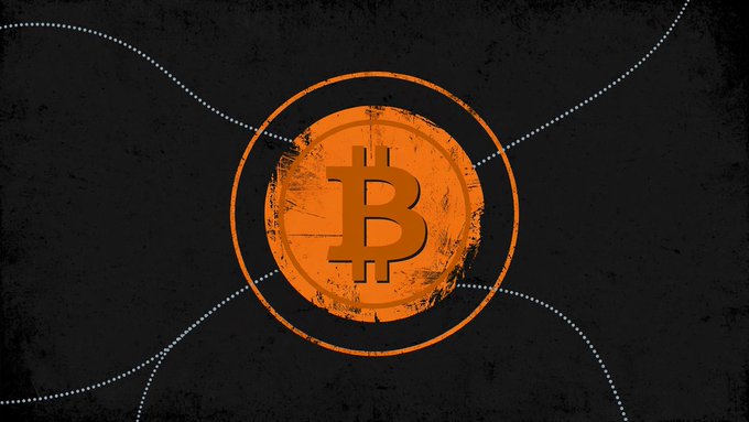 A stylized Bitcoin logo in orange against a dark textured background with white dotted curved lines radiating outward.