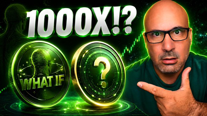 A man points dramatically at two glowing green coins—one labeled "WHAT IF" and another featuring a question mark—beneath bold text reading "1000X!?", teasing the potential for massive gains on two meme coins featured in the accompanying Hood Chain YouTube video.