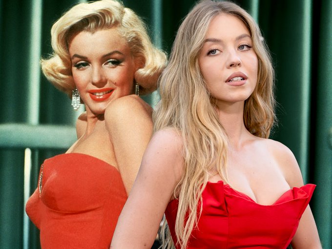 A side-by-side comparison image showing Marilyn Monroe in a red dress on the left and a modern woman with blonde hair in a similar red dress on the right.