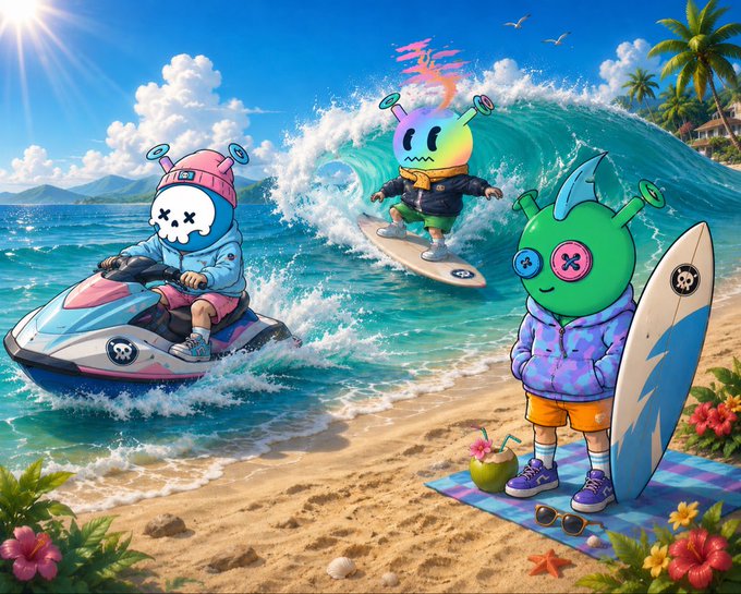 A colorful cartoon illustration of three cute alien-like characters enjoying a beach day—one on a jet ski, one surfing a wave, and one holding a surfboard on the sand.