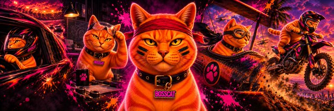 A vibrant, stylized digital artwork featuring multiple orange tabby cats in tough, adventurous scenarios—including a central cat wearing a 'BOSSCAT' collar and bandana, others driving, riding a dirt bike, and looking tough—with a neon pink and purple color palette.