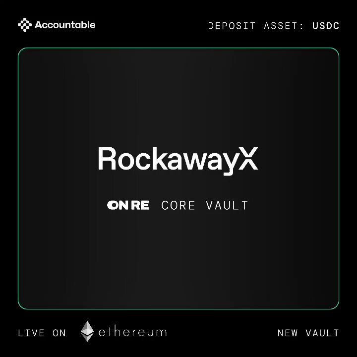 The image features a black background with white text that reads "RockawayX" at the top of the frame. Below this, there are two lines of text that read "OnRe Core Vault has been launched." The main content of the image is centered around the concept of using Core Vault to invest in cryptocurrency and earn passive income through real yield strategies.