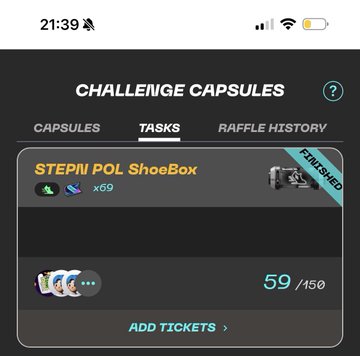 A mobile app screen showing 'CHALLENGE CAPSULES' with a 'STEPN POL ShoeBox' task completed (59/150 tickets) and an 'ADD TICKETS' button.