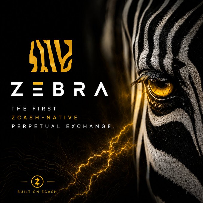 The image features a close-up of a zebra's eye, with the word "ZEBRA" written above and below it. The background is black, which contrasts with the white stripes of the zebra. Below the zebra's eye, there are two lines of text that read "THE FIRST ZECASH-NATIVE PERPETUAL EXCHANGE". This suggests that the image might be related to a promotional campaign for a cryptocurrency or digital currency platform called ZECASH.

The main focus of the image is on the zebra's eye and its position, with the word "ZEBRA" prominently displayed above it. The background serves as a backdrop for the eye, making it stand out against the black color.