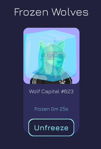 Mobile app interface titled 'Frozen Wolves' showing a teal wolf character encased in ice, labeled 'Wolf Capital #623' with a 'Frozen 0m 25s' timer and an 'Unfreeze' button.