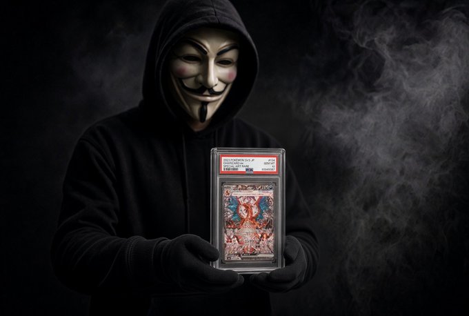 A person in a black hoodie wearing a Guy Fawkes mask and black gloves, holding up a graded PSA-encased trading card depicting a demon-like figure against a smoky background.