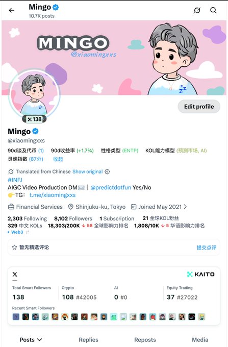 A Twitter/X profile page for 'Mingo' (@xiaomingxxs), a Chinese-speaking account with 8,102 followers, featuring a cartoon avatar of a boy with gray hair and a pink 'MINGO' banner.