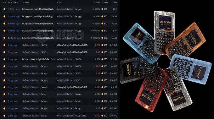 A split image shows a blockchain transaction history (left) listing numerous recent transactions to "Coldcard Hacker" addresses, with values ranging from 0.00001 BTC to 0.42 BTC, alongside a photo of several physical Coldcard hardware wallets in various colors arranged in a circular pattern (right), illustrating the scale of the $130 million BTC theft affecting over 7,700 addresses.