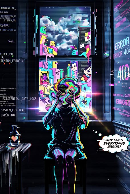 A neon-colored digital illustration of a person in a VR headset with glitching screens, captioned 'WHY DOES EVERYTHING ERROR?' in the corner.