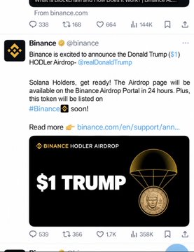 A screenshot of a Binance tweet announcing the Donald Trump ($1) HODLer Airdrop, mentioning Solana Holders and listing on the Binance Airdrop Portal, with the handle @binance.