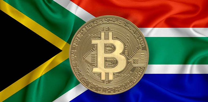 A golden Bitcoin coin is prominently displayed over the South African flag, symbolizing the country's new regulatory stance that classifies cryptocurrency as a taxable "intangible asset" rather than currency, subjecting all crypto transactions including trading, swapping, spending, and donations to taxation.