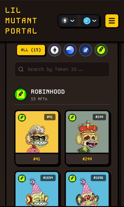A mobile app interface for "LIL MUTANT PORTAL" displays NFT trading features with tabs for ALL (15), Ethereum, and other networks, showing ROBINHOOD collection cards featuring cartoon mutant creatures numbered #41, #244, #1694, and #1696.