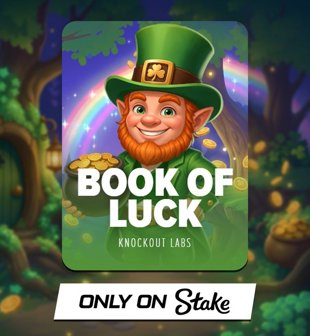 The image is a promotional graphic for "Book of Luck" by Knockout Labs, featuring a cheerful cartoon leprechaun holding a pot of gold against a rainbow-filled background, with a banner at the bottom stating "ONLY ON Stake" to highlight its exclusive availability on the Stake platform.
