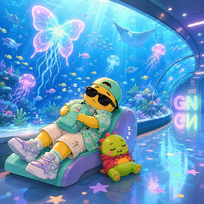 A sunglasses-wearing cartoon character naps in a futuristic lounge beside a small green dinosaur plush, with "Zzz" floating above, while bioluminescent butterflies, jellyfish, and a stingray glide behind a massive aquarium window displaying "GN." The image's drowsy, dreamy aesthetic—paired with the resting character—loosely echoes the post's theme of patiently tracking real shipped milestones (Koalo Village, Road to the Castle) rather than relying on roadmap promises.