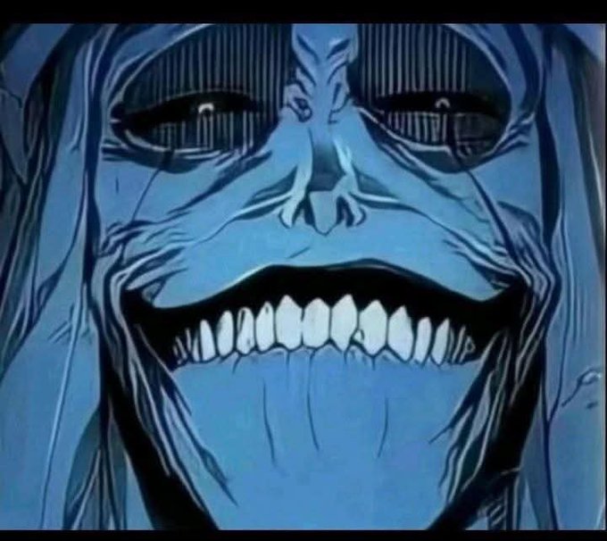 A close-up, sinister illustration of a blue-skinned, wrinkled face with a wide, toothy grin and dark, empty eyes, resembling the character Emperor Palpatine or a similar villain.