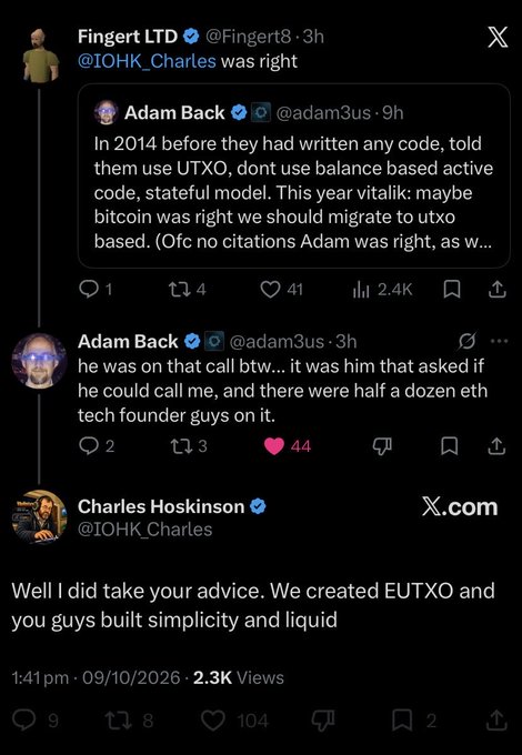 A screenshot of X (formerly Twitter) posts discussing UTXO architecture, featuring a quote tweet from Adam Back (@adam3us) and a reply from Charles Hoskinson (@IOHK_Charles) stating, 'Well I did take your advice. We created EUTXO and you guys built simplicity and liquid,' dated 09/10/2026.