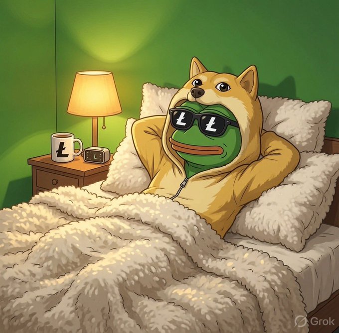 A digital illustration created by Grok of the Pepe the Frog character wearing a yellow Shiba Inu dog hoodie and black sunglasses with 'L' logos, relaxing under a fluffy white blanket on a bed in a green room.