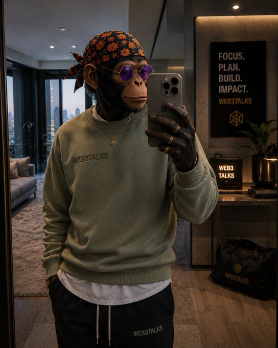 A stylish monkey wearing a "WEB3TALKS" olive sweater and bandana takes a mirror selfie with a smartphone in a modern apartment, with a "FOCUS. PLAN. BUILD. IMPACT. WEB3TALKS" poster in the background—capturing the hustle mentality of jumping into every opportunity (airdrops, jobs, quests, bounties, hackathons) without being confined to one niche.
