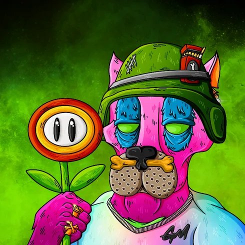 A pink cartoon dog wearing a green military-style helmet holds a flower with a "OOX" token face, matching the playful NFT art style announced for an OOX Marketplace drop purchased with $bonez and $egld, as shared in the post.