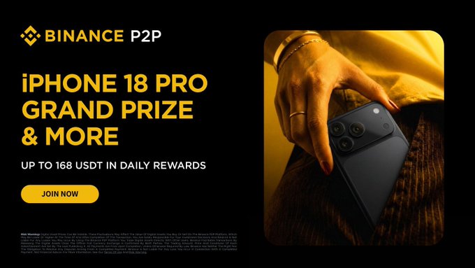 A Binance P2P promotional banner advertises a giveaway featuring an iPhone 18 Pro as the grand prize, with up to 168 USDT in daily rewards and a yellow "Join Now" button, alongside an image of a person holding a black smartphone. The post promotes the same P2P promotion, inviting users to make qualifying purchases for a chance to win the iPhone 18 Pro grand prize.