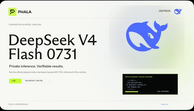 A promotional graphic for DeepSeek V4 Flash 0731 hosted on Phala Network, featuring the Phala and DeepSeek logos with the tagline "Private inference. Verifiable results." and a code snippet showing proof-of-model runtime metadata. The image illustrates the post's announcement that DeepSeek's official V4 release is now live on Phala's confidential GPU TEE infrastructure, replacing the prior preview checkpoint.