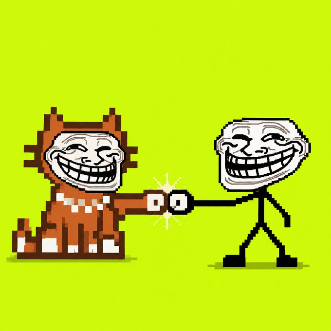 A pixel art illustration on a yellow background showing a troll-face cat character fist-bumping a troll-face stick figure, with a sparkle between their hands.