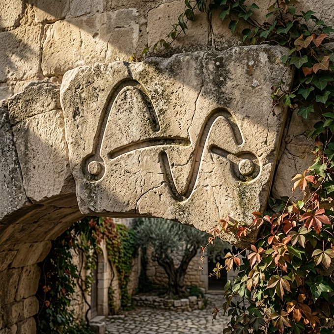 An old, weathered stone archway features a carved heart-rate or EKG-line emblem, surrounded by ivy and looking out onto a cobblestone path.