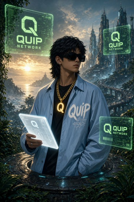A digital illustration of a young man with dark hair and sunglasses wearing a blue shirt branded with "QUIP," standing before a futuristic cityscape and surrounded by glowing green "QUIP NETWORK" logos.