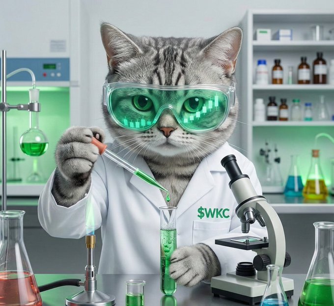 A cat dressed as a scientist with green goggles carefully pipettes a glowing green liquid in a lab, with "$WKC" printed on its lab coat. The image ties into the post by visually representing the "Wiki Cat" meme coin ($WKC), portraying the token as a scientifically promising asset on track to reach major market cap milestones in the next bull cycle.