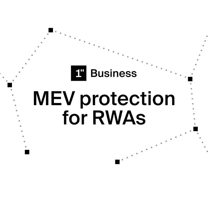 The image is a clean, minimalistic graphic from **1inch Business** titled **"MEV protection for RWAs"**, with abstract dotted lines and square nodes forming a geometric design around the bold black text. It visually reinforces the post's message by highlighting 1inch's intent-based execution approach that shields large tokenized real-world asset and stock trades from MEV attacks like front-running and sandwich attacks in the public mempool.