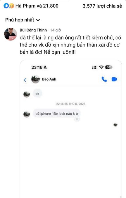 A Facebook screenshot shows a commenter named "Bùi Công Thịnh" criticizing a husband for being stingy with his wife but willing to spend 21,800 on "Bảo Anh," accompanied by a chat screenshot asking "có iphone 16gé lock nào k b" about buying an iPhone. The image illustrates the post's theme of traders being judged and blamed by family during difficult times, highlighting how personal sacrifices and financial decisions in trading can strain family relationships.