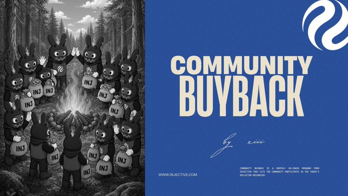 A 'COMMUNITY BUYBACK' announcement for Injective features an illustration of INJ mascots gathered around a campfire on the left side.